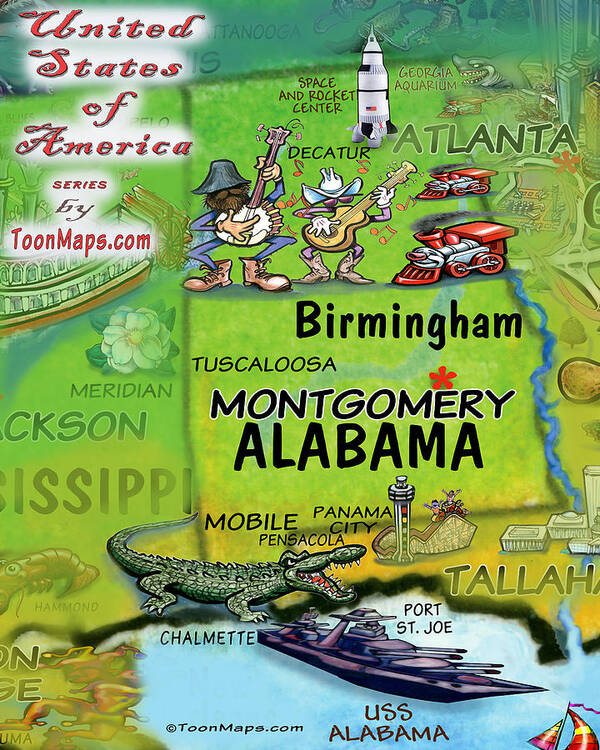 Alabama Poster featuring the digital art Alabama Fun Map by Kevin Middleton
