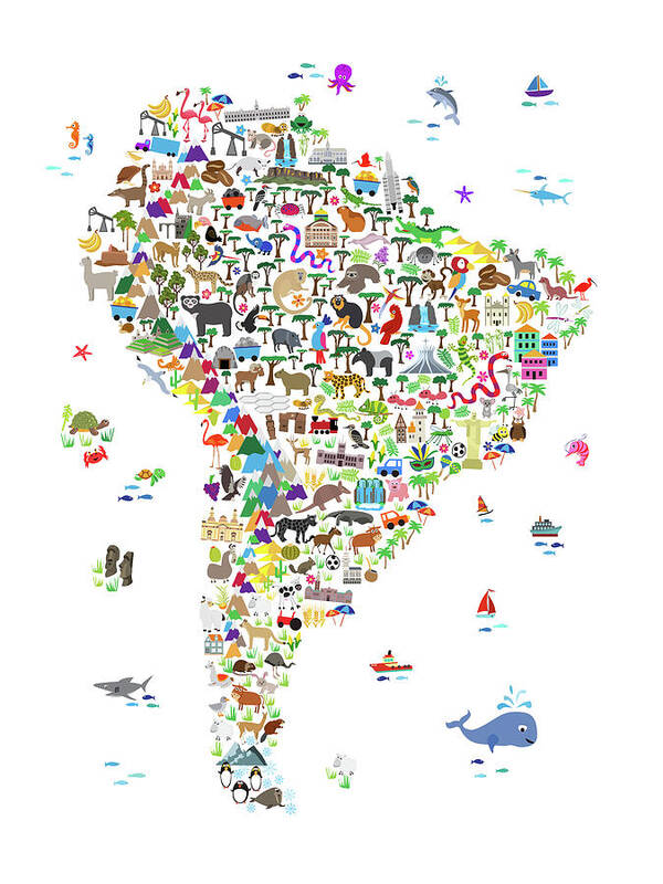 Animal Map Of South America For Children And Kids Poster By