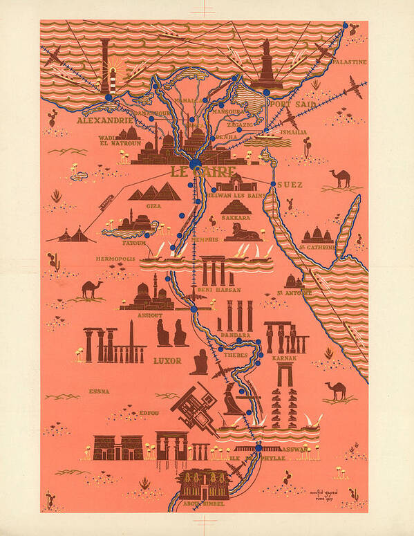 Egypt Poster featuring the mixed media Antique Illustrated Map of Egypt _ Monuments around River Nile - Cairo, Luxor, Abu Simbel by Studio Grafiikka