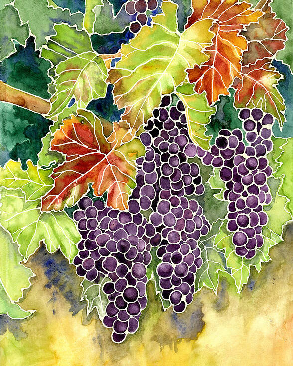 Cabernet Sauvignon Grapes Poster featuring the painting Autumn Vineyard in its Glory - Batik Style by Audrey Jeanne Roberts