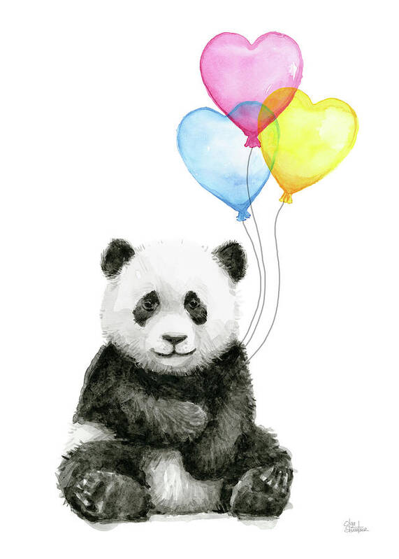 Baby Panda Poster featuring the painting Baby Panda with Heart-Shaped Balloons by Olga Shvartsur