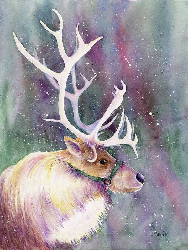 Reindeer Poster featuring the painting Basking in the Lights by Lori Taylor