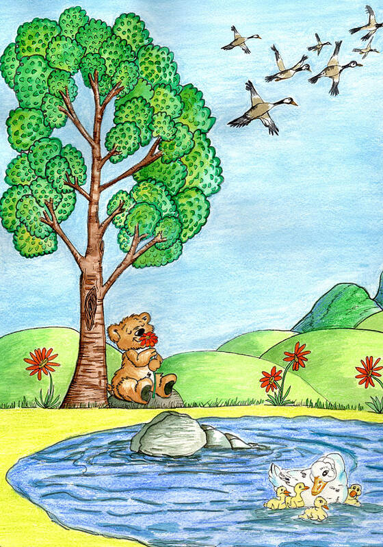 Bear Poster featuring the painting Bear With Flowers by Christina Wedberg
