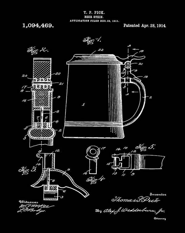 Beer Poster featuring the digital art Beer Stein Patent 1914 in Black by Bill Cannon