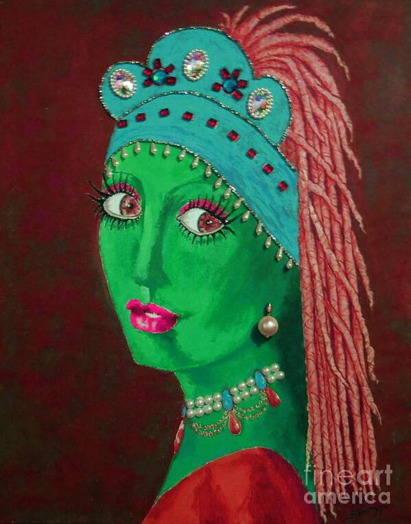 Iconic Painting Poster featuring the painting Belly Dancer With a Pearl Earring -- Red Background by Jayne Somogy