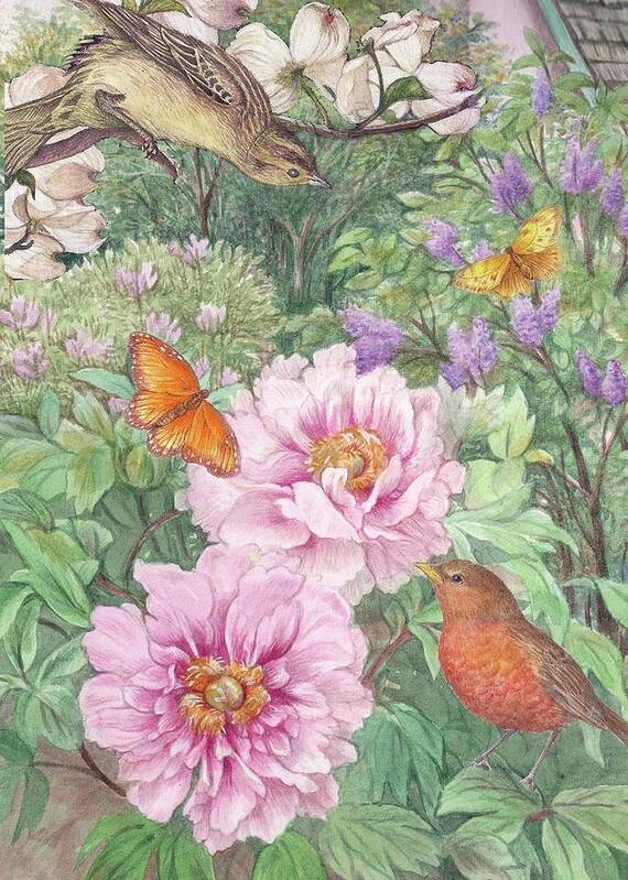 Illustrated Peony Poster featuring the painting Birds Peony Garden Illustration by Judith Cheng