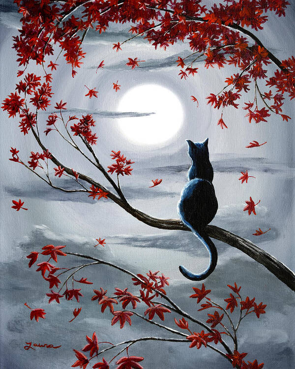 Zen Poster featuring the painting Black Cat in Silvery Moonlight by Laura Iverson