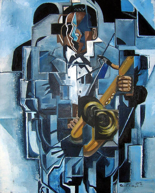 John Coltrane Blue Jazz Saxophone Cubism Poster featuring the painting Blues Trane by Martel Chapman