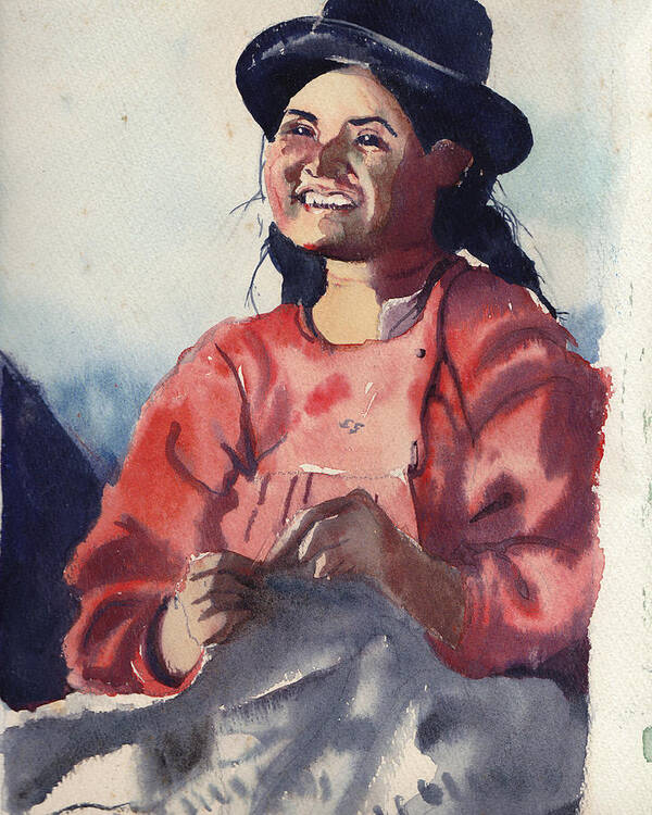 Happy Poster featuring the painting Bolivian Seamstress by Gertrude Palmer