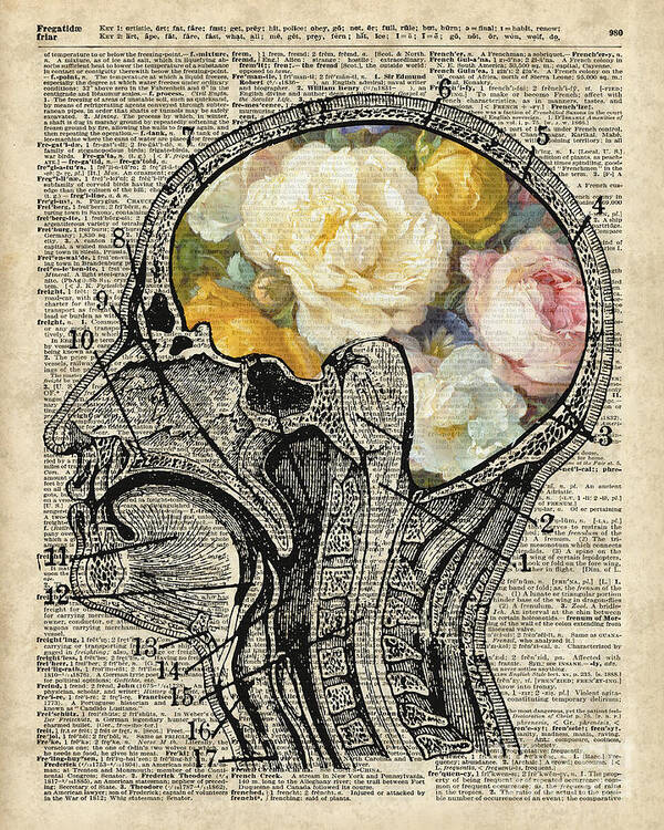Skull with red roses flowers print book dictionary page art poster reproduction