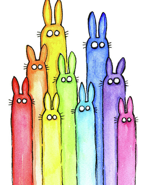 Baby Poster featuring the painting Bunny Rabbits Watercolor Rainbow by Olga Shvartsur