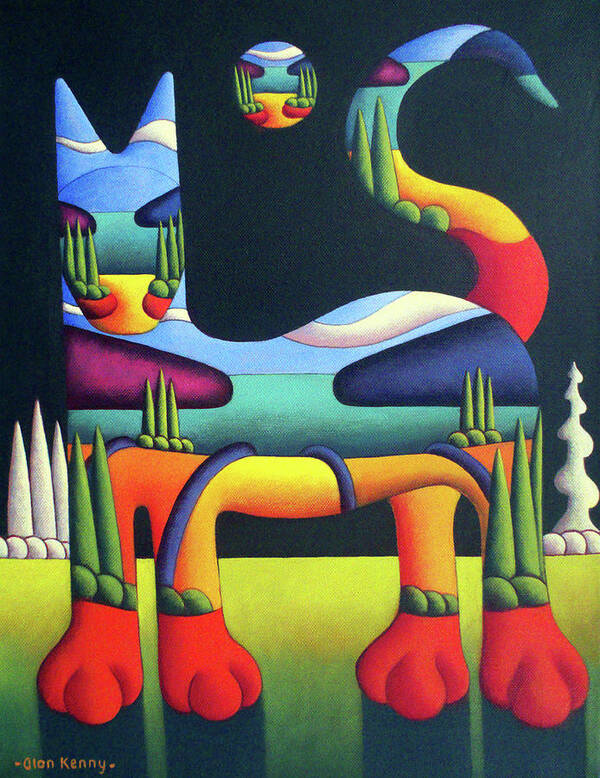Cat Poster featuring the painting Cat in landscape in cat with white trees by Alan Kenny