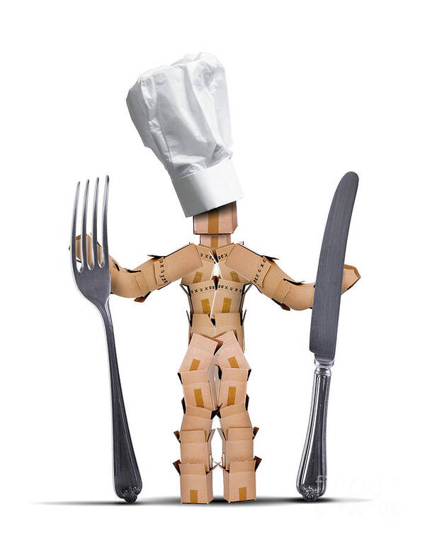 Kitchen Poster featuring the digital art Chef box man Character with cutlery by Simon Bratt