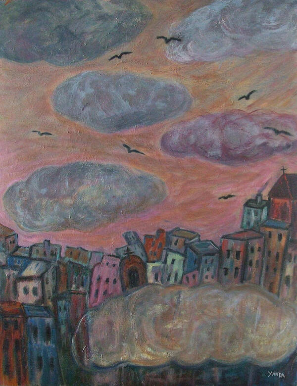 Katt Yanda Original Art Landscape Oil Painting Clouds City Cityscape Poster featuring the painting City of Clouds by Katt Yanda