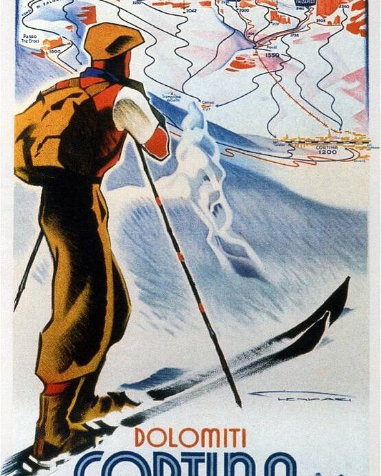 Cortina Dolomiti Skiing Vintage Travel Poster Poster by Studio Grafiikka
