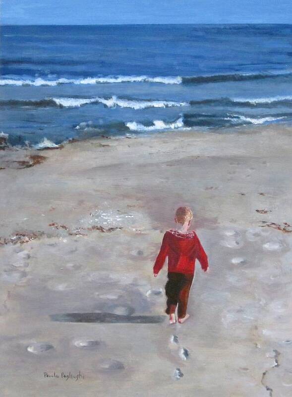 Acrylic Painting Of A Little Boy On The Beach With Ocean In The Background. Walking On The Sand Towards The Ocean. Poster featuring the painting Dever by Paula Pagliughi