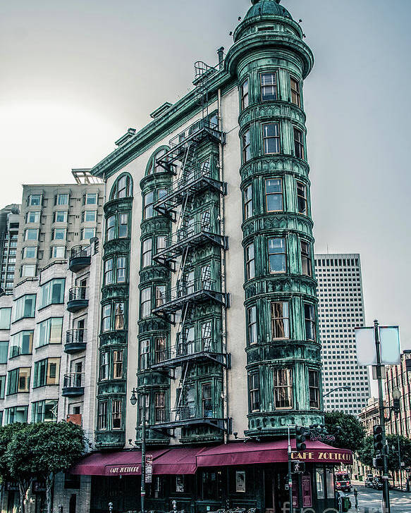 Buildings Poster featuring the photograph Dez 2016. San Francisco, USA - Old copper-green Columbus tower o by Amanda Mohler