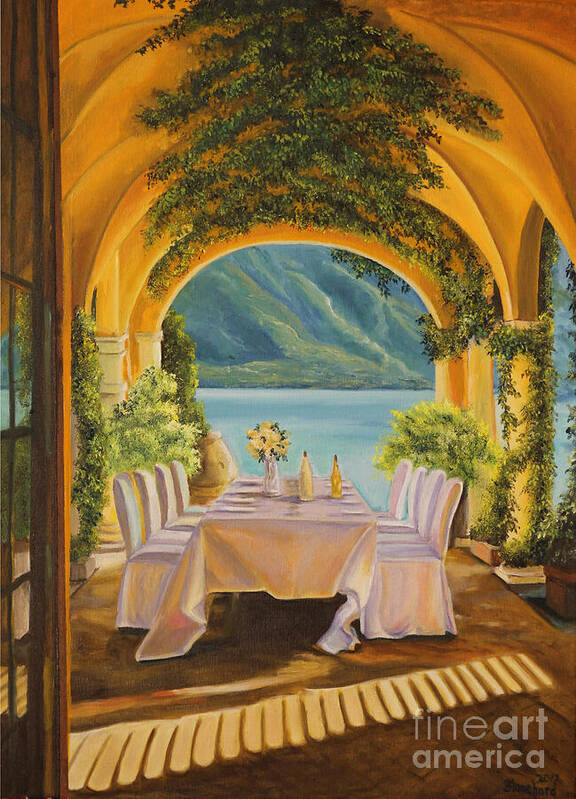 Lake Como Artwork Poster featuring the painting Dining on Lake Como by Charlotte Blanchard