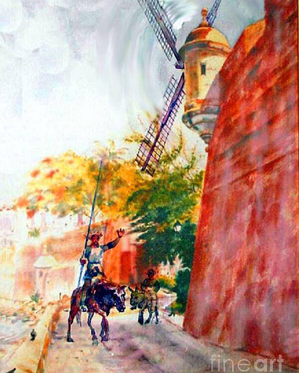 Old San Juan Prints Poster featuring the painting Don Quixote in San Juan by Estela Robles