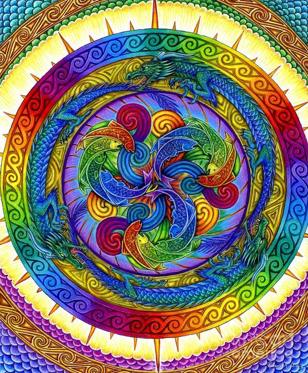 Dragon Poster featuring the drawing Psychedelic Dragons Rainbow Mandala by Rebecca Wang