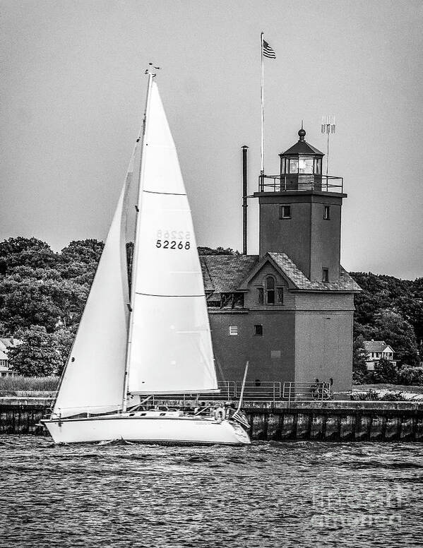 Holland Poster featuring the photograph Evening Sail At Holland Light - BW by Nick Zelinsky Jr