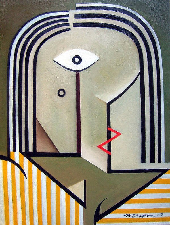Female Woman Portrait Abstract Yellow Green Poster featuring the painting Female Yellow Stripes by Martel Chapman