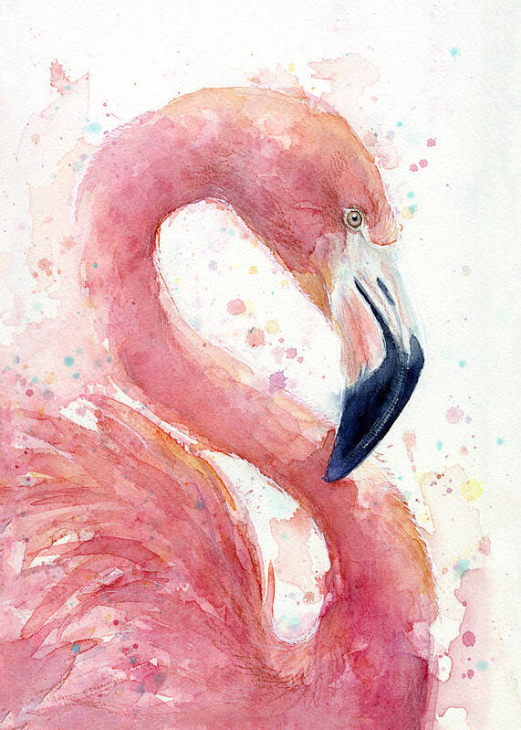 Watercolor Flamingo Poster featuring the painting Flamingo - Facing Right by Olga Shvartsur