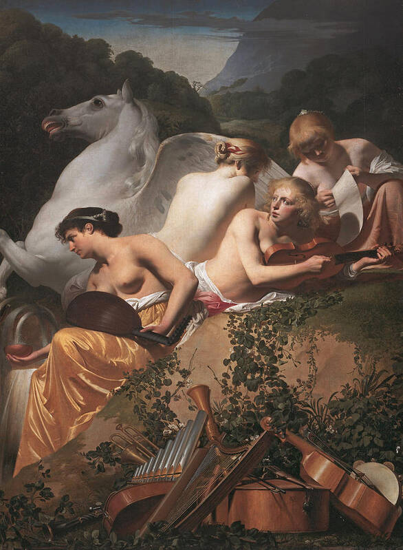 Caesar Van Everdingen Poster featuring the painting Four Muses and Pegasus by Caesar van Everdingen