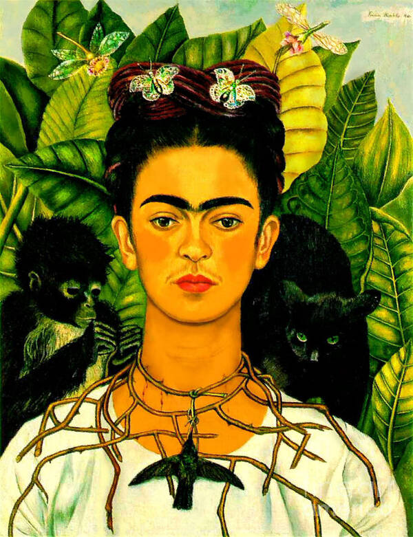 Frida Paintings Poster featuring the painting Frida Kahlo Self Portrait With Thorn Necklace and Hummingbird by Roberto Prusso