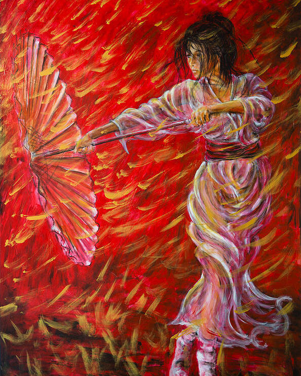 Geisha Poster featuring the painting Geisha - Rain Dance 02 by Nik Helbig