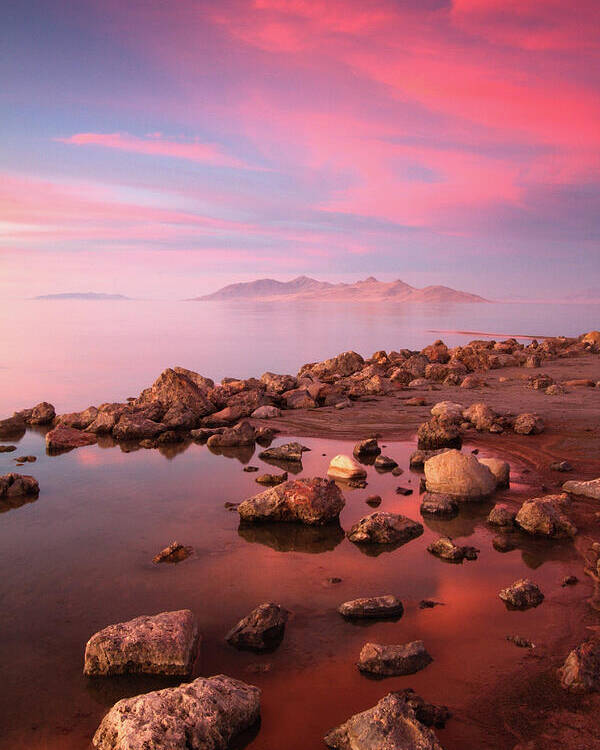 Utah Poster featuring the photograph Great Salt Lake and Antelope Island Sunset by Brett Pelletier