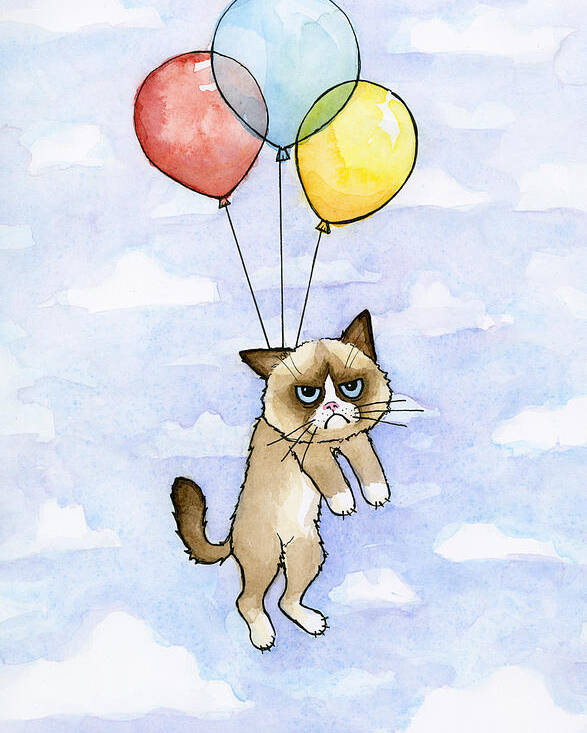 Grumpy Poster featuring the painting Grumpy Cat and Balloons by Olga Shvartsur