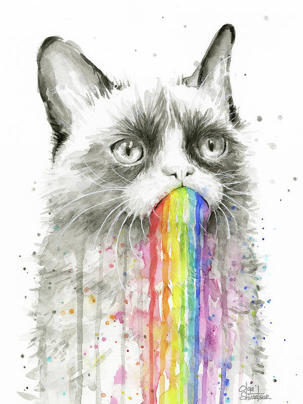 Grumpy Poster featuring the painting Grumpy Rainbow Cat by Olga Shvartsur
