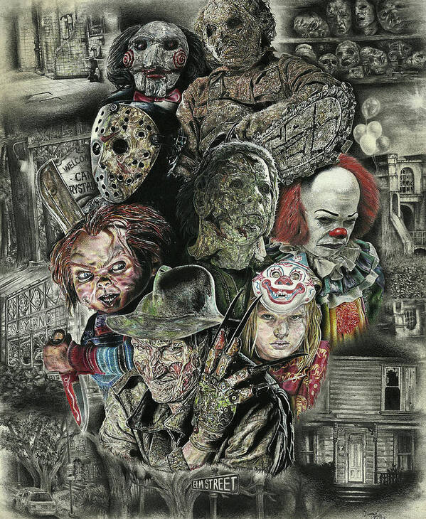Fear Poster featuring the drawing Horror Movie Murderers by Daniel Ayala