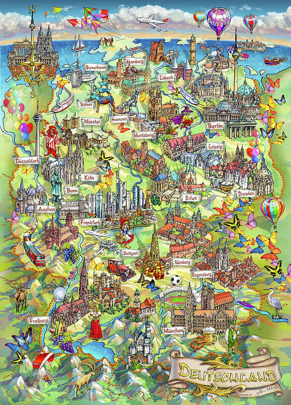 Germany Map Poster featuring the painting Illustrated Map of Germany by Maria Rabinky