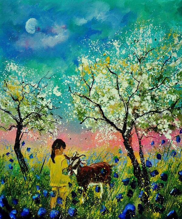 Landscape Poster featuring the painting In the orchard by Pol Ledent