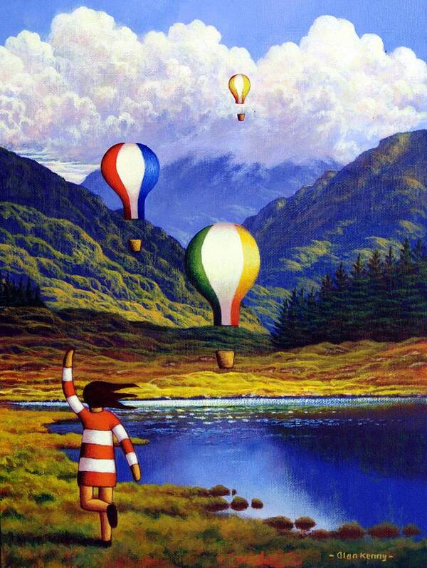 Irish Poster featuring the painting Irish Landscape With Girl And Balloons By Lake by Alan Kenny