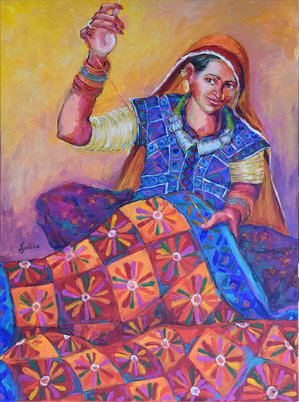 Tribal Woman Poster featuring the painting Joy of Quilting by Jyotika Shroff