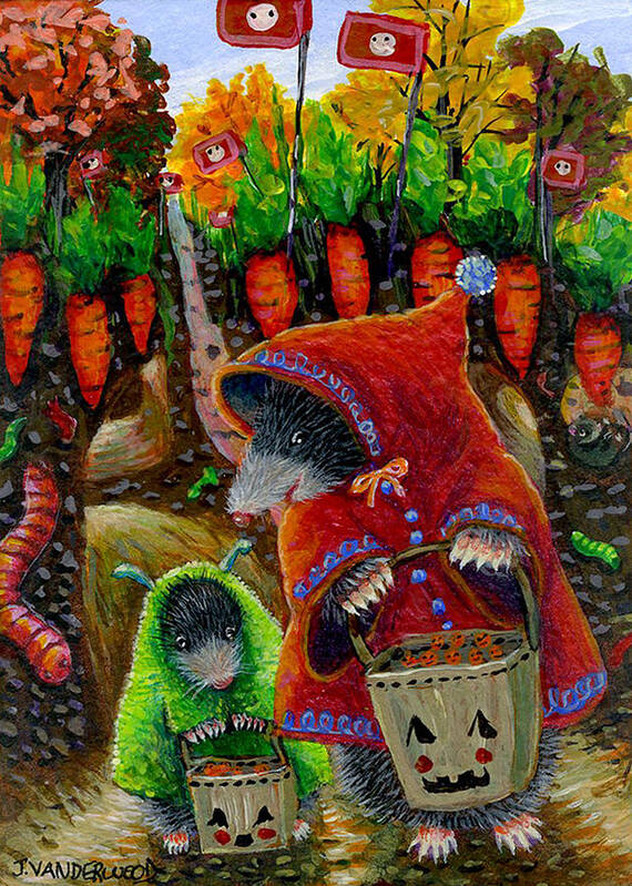Mole Poster featuring the painting Little Red Riding Mole and Little Green Monster Mole by Jacquelin L Vanderwood Westerman