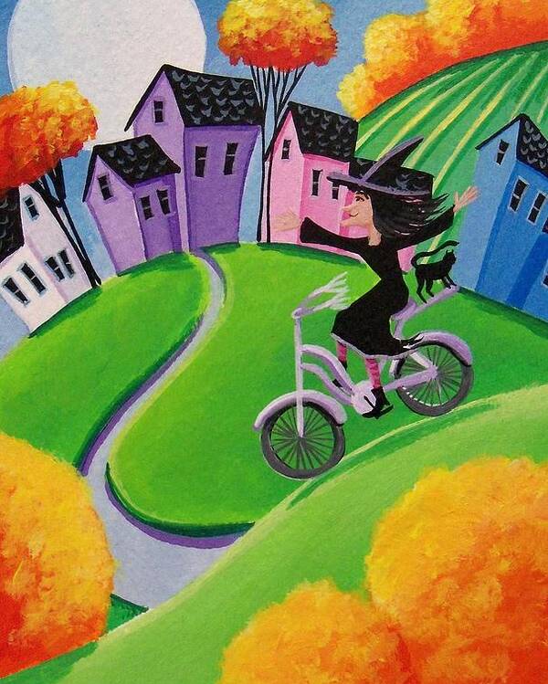 Witch Poster featuring the painting Look No Hands  witch cat ridng bike by Debbie Criswell