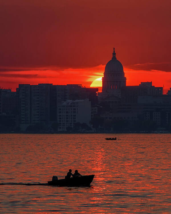 Madison Wi Sunset Monona Lake Monona Boating Fishing Capitol State Capitol Water Vertical Landscape Scenic Silhouette Skyline Poster featuring the photograph Madison Sunset over Lake Monona #1 by Peter Herman
