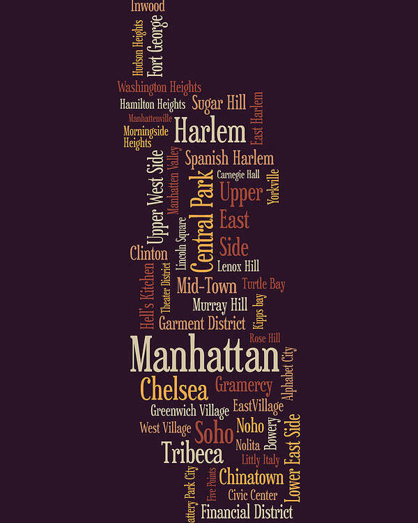Manhattan Map Poster featuring the digital art Manhattan New York Typographic Map by Michael Tompsett