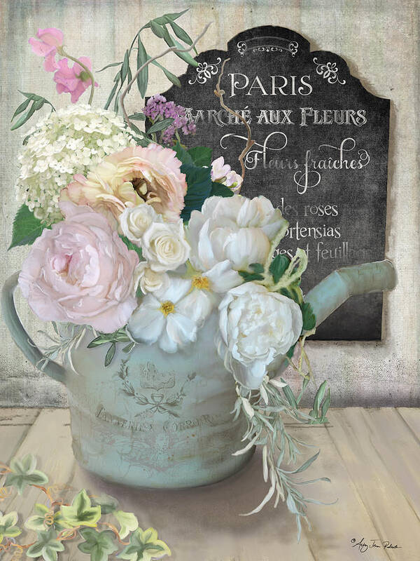 Watering Can Poster featuring the painting Marche Paris Fleur Vintage Watering Can with Peonies by Audrey Jeanne Roberts