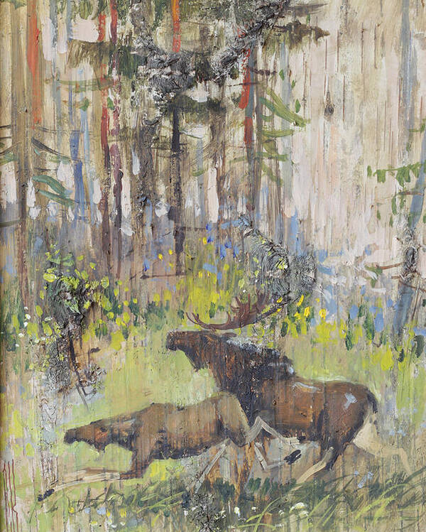 Moose Poster featuring the painting Moose Couple in the Wood by Ilya Kondrashov