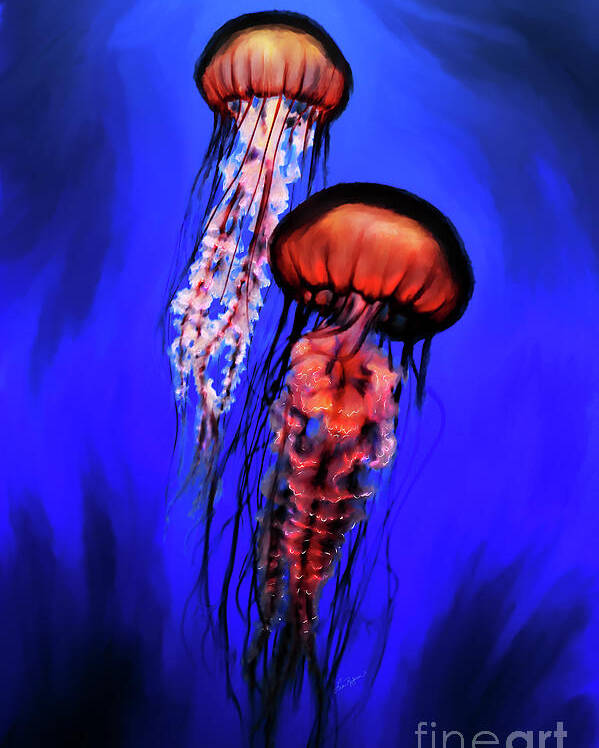 Jellyfish Poster featuring the digital art Orange Jellyfish by Lisa Redfern