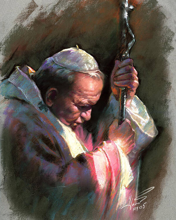 Portrait Poster featuring the pastel Pope John Paul II by Ylli Haruni