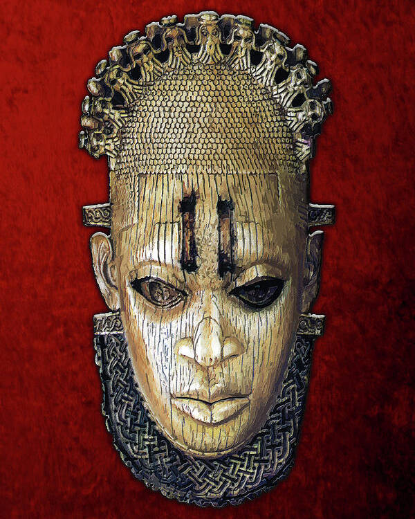 'treasures Of Africa' Collection By Serge Averbukh Poster featuring the digital art Queen Mother Idia - Ivory Hip Pendant Mask - Nigeria - Edo Peoples - Court of Benin on Red Velvet by Serge Averbukh