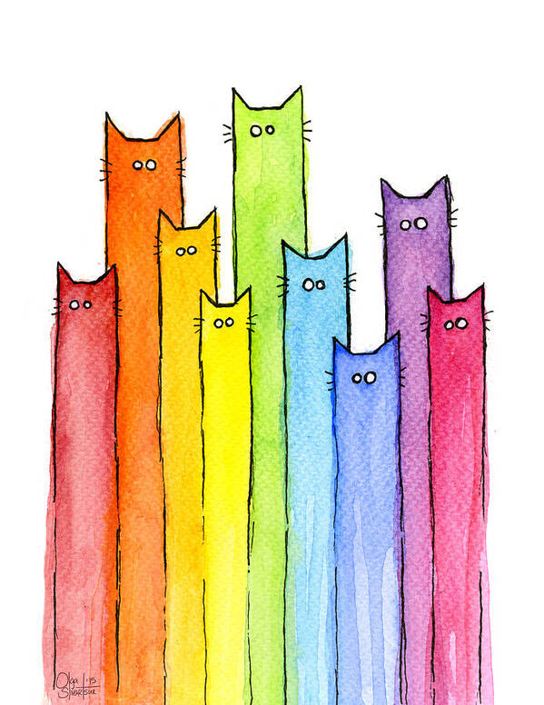 Watercolor Poster featuring the painting Rainbow of Cats by Olga Shvartsur