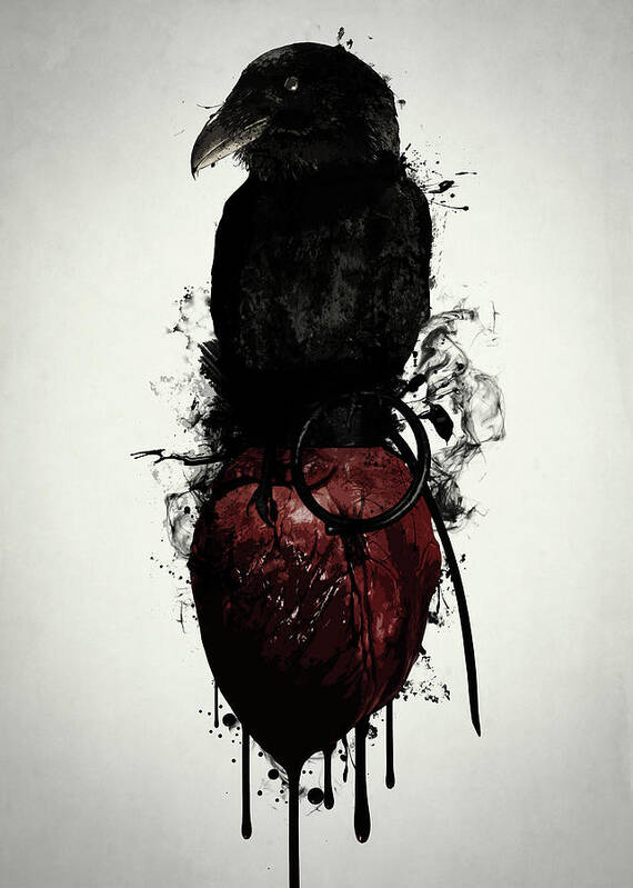 Raven Poster featuring the digital art Raven and Heart Grenade by Nicklas Gustafsson