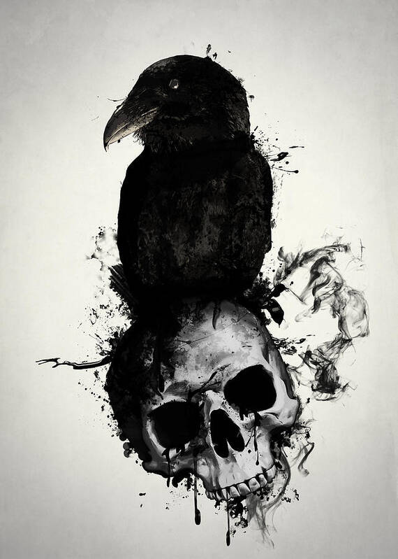 Raven Poster featuring the mixed media Raven and Skull by Nicklas Gustafsson